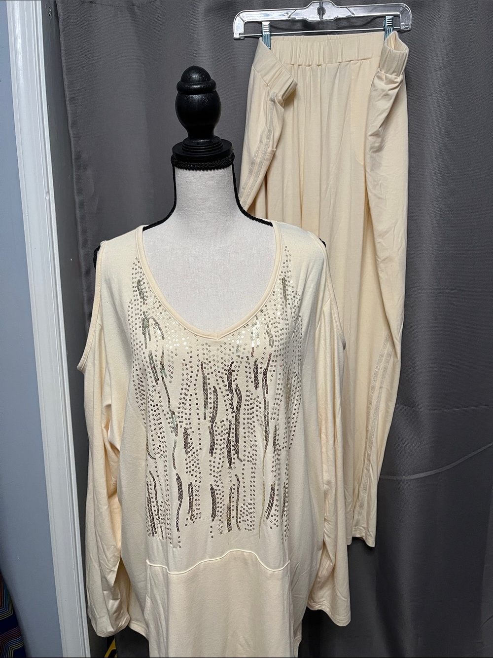 Joan Boyce Cream Scoop Neck Embellished Pantsuit